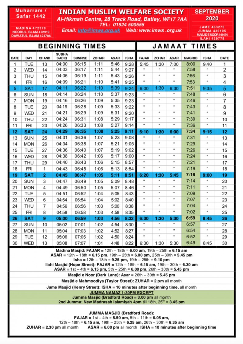 Namaz timetables August/Sept/Oct & November IMWS Indian Muslim