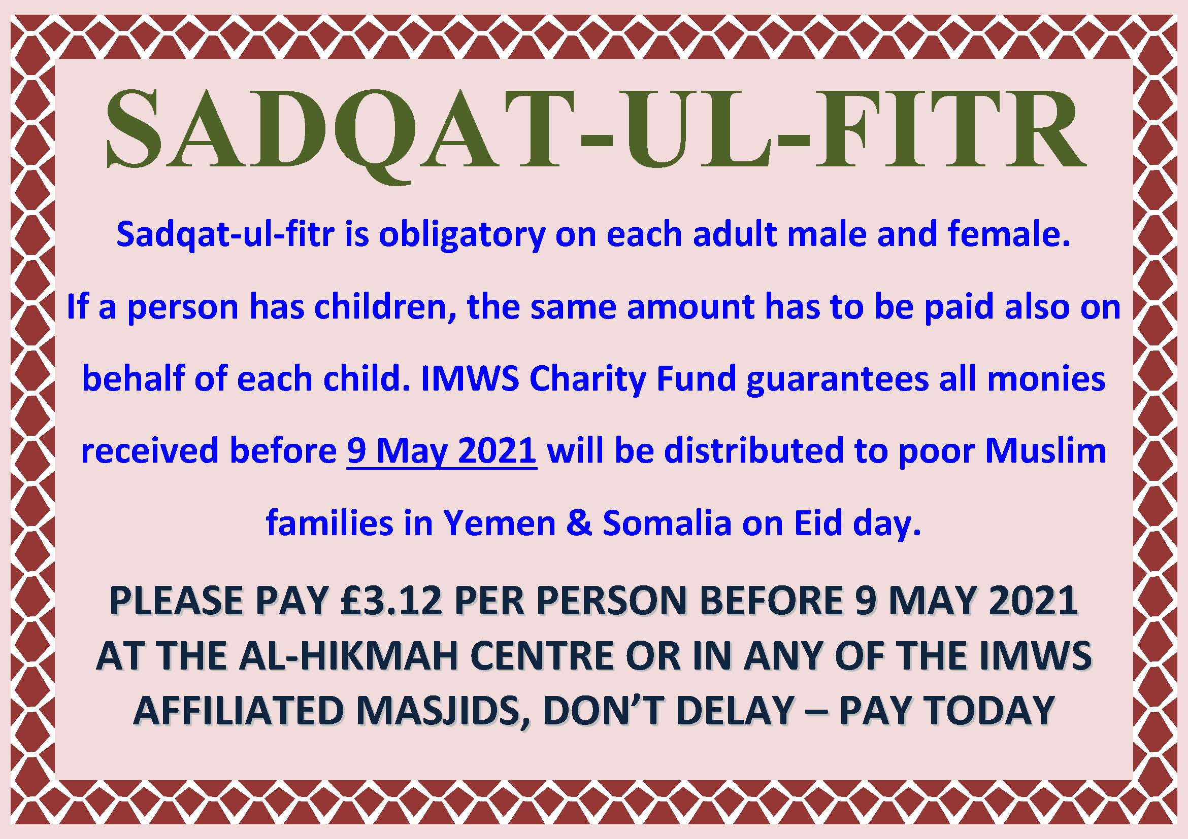 Sadqatul Fitr IMWS Indian Muslim Welfare Society