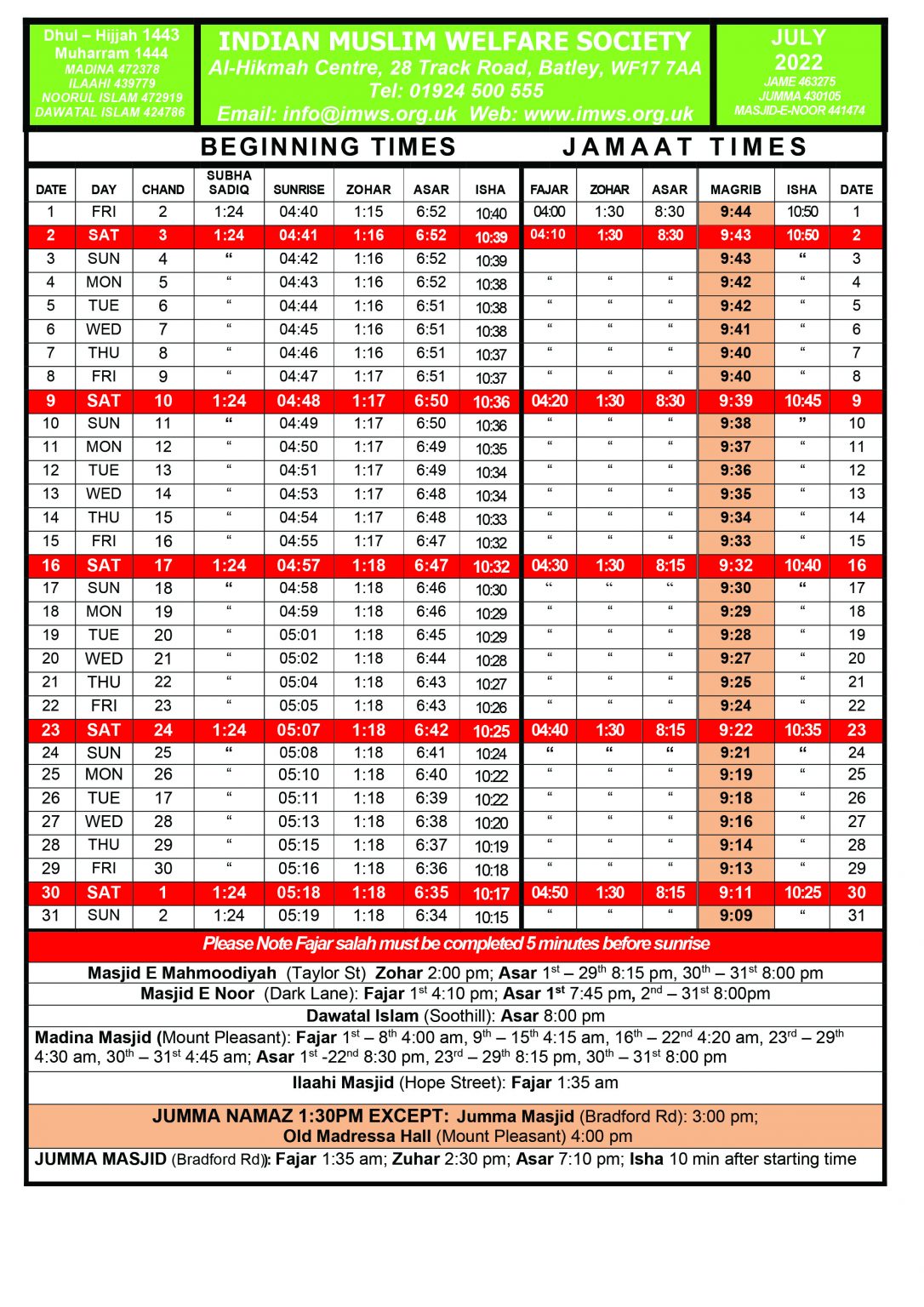 Prayer Times - IMWS - Indian Muslim Welfare Society