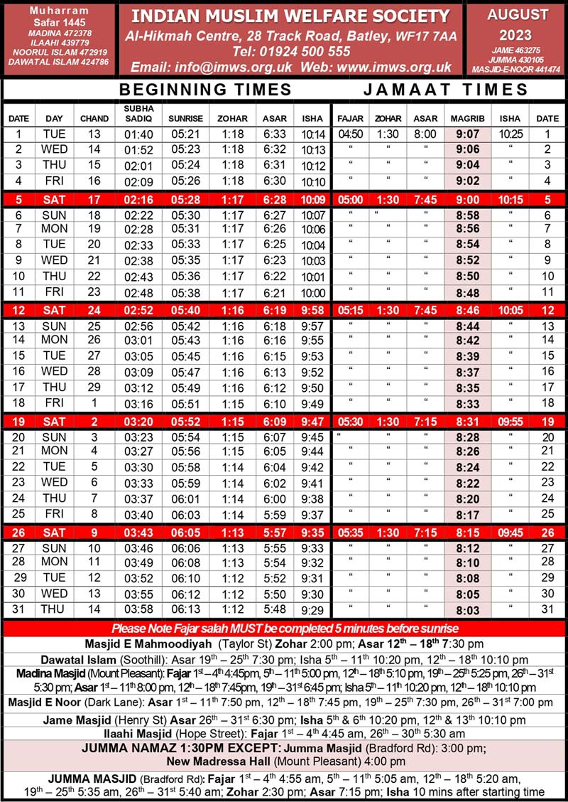 Prayer Times – IMWS – Indian Muslim Welfare Society