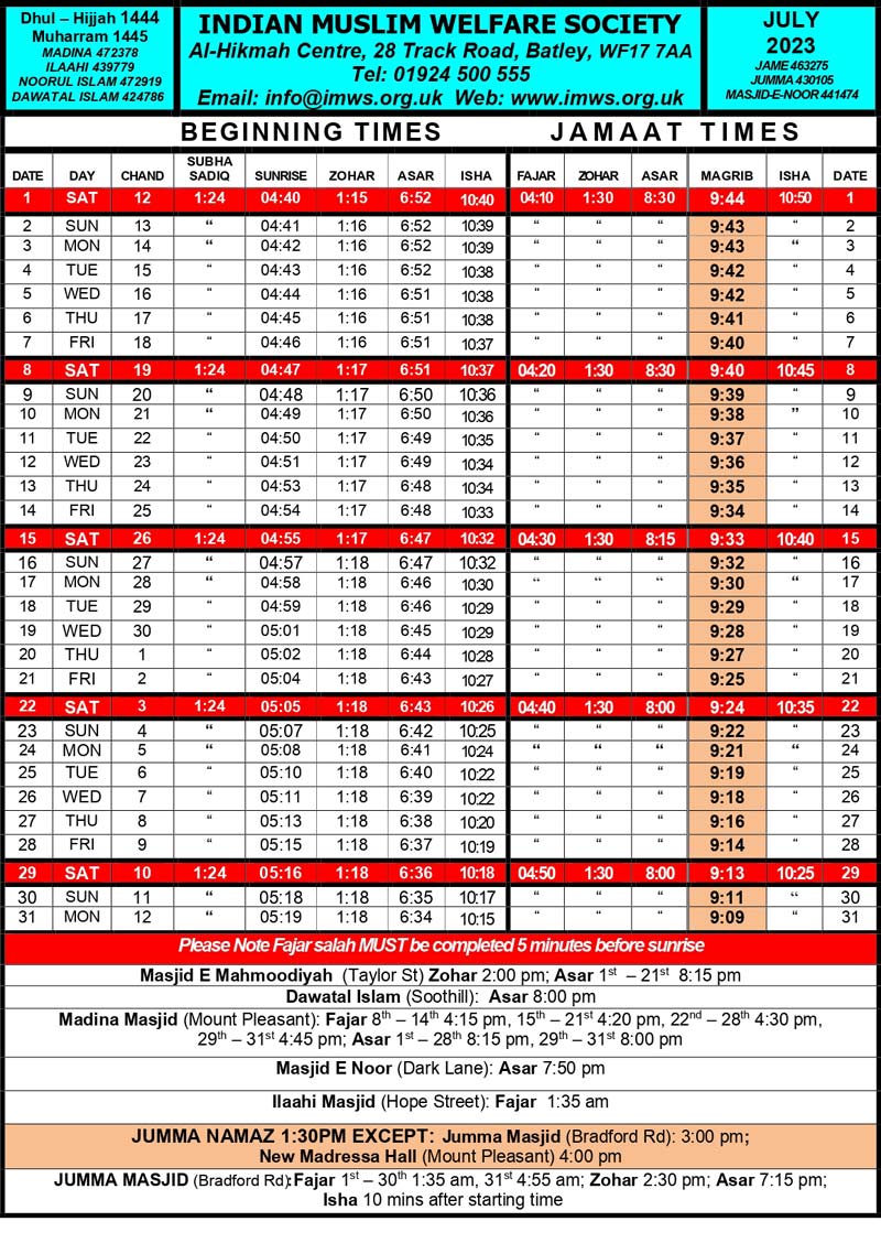 Prayer Times – IMWS – Indian Muslim Welfare Society