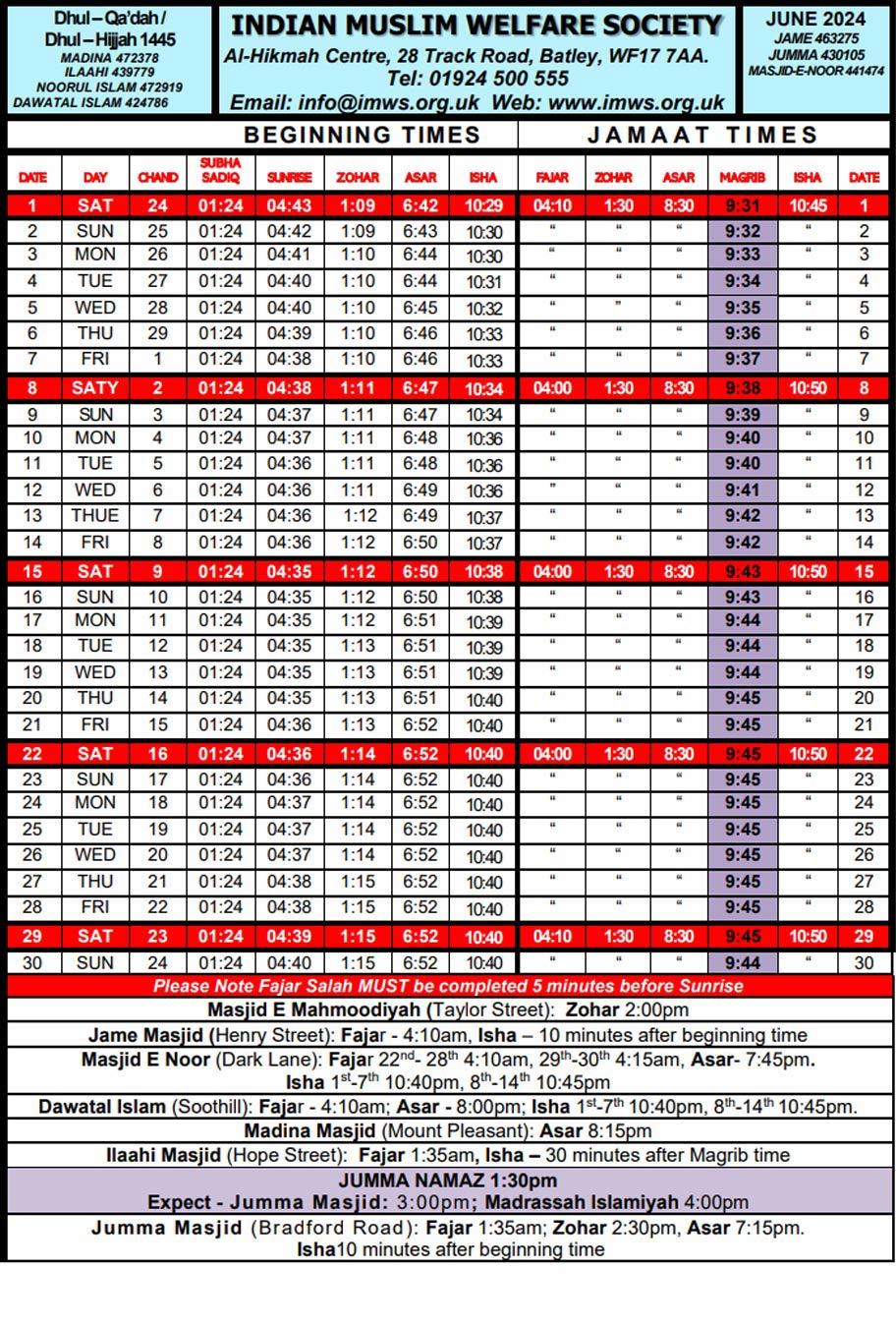 Prayer Times – IMWS – Indian Muslim Welfare Society